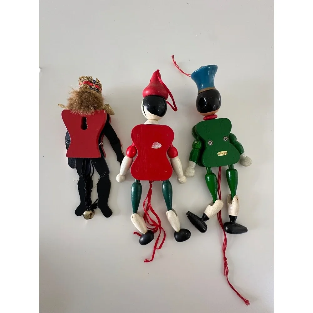Pull String Wood King Pinocchio Nutcracker Christmas‎ Ornament 3 Pc Painted